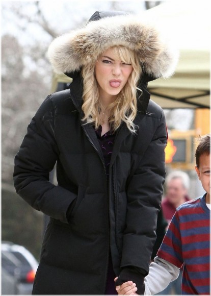 Emma Stone joking around in her Canada Goose Mystique Parka