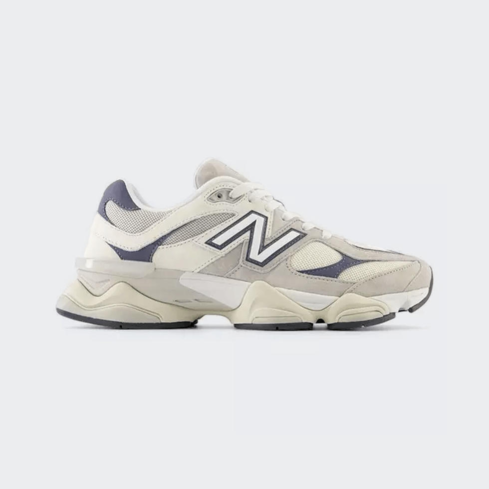 White, cream, and navy New Balance 9060 sneakers - the best dad sneaker vibes for Fall.