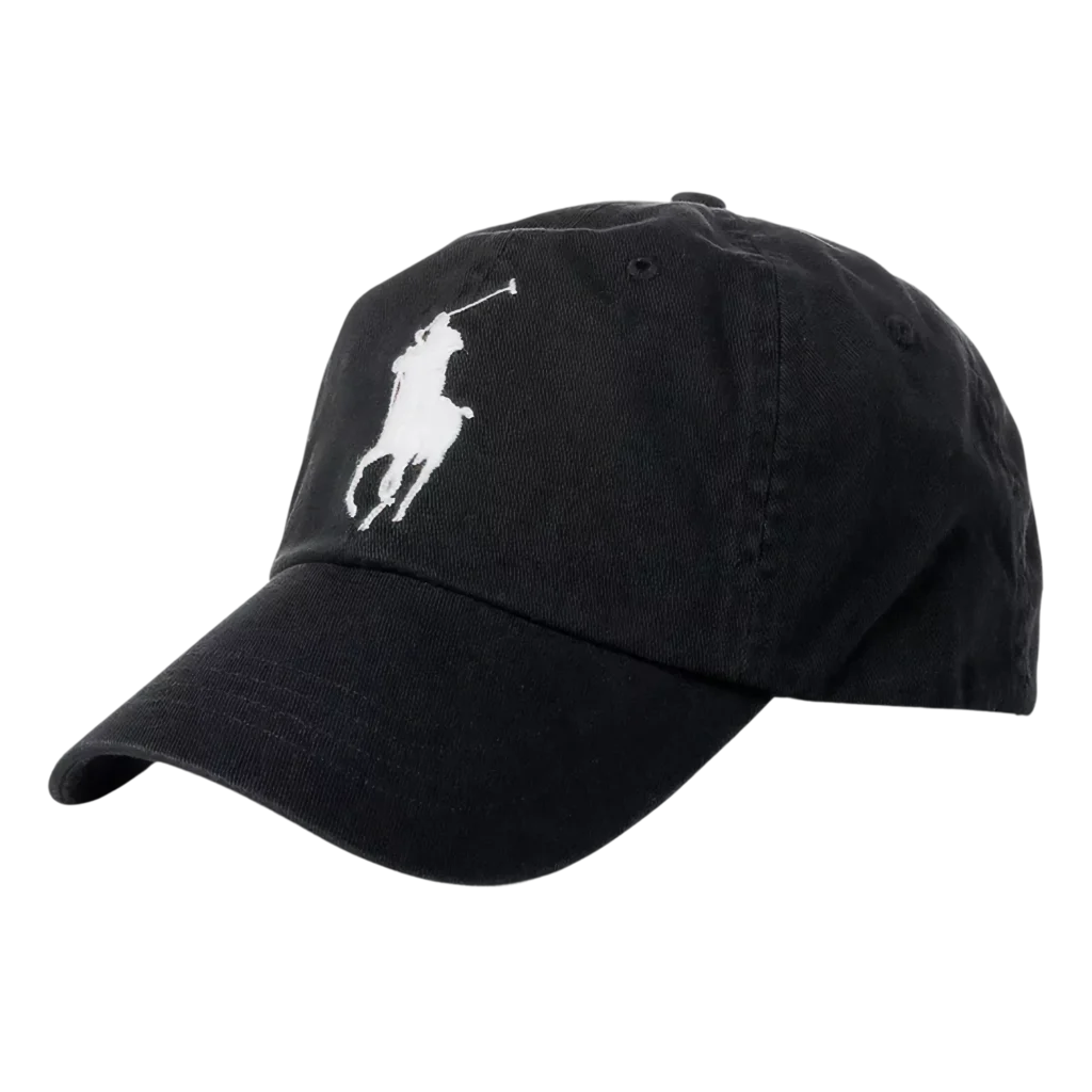 Black Polo Ralph Lauren baseball cap with contrast white embroidered Big Pony logo at the front panels, a curved front brim and classic six-panel construction with embroidered eyelets