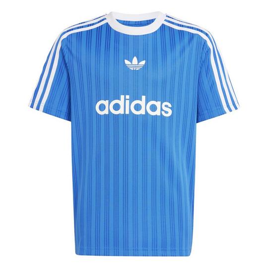 bright blue short-sleeved top from adidas Originals with a soccer jersey look, a contrast white-trimmed crew neckline and contrast white 3-Stripes down each sleeve; tonal allover blue-on-blue striped design; small contrast white adidas Originals Trefoil logo below centre neckline; white contrast "adidas" lettering across the chest