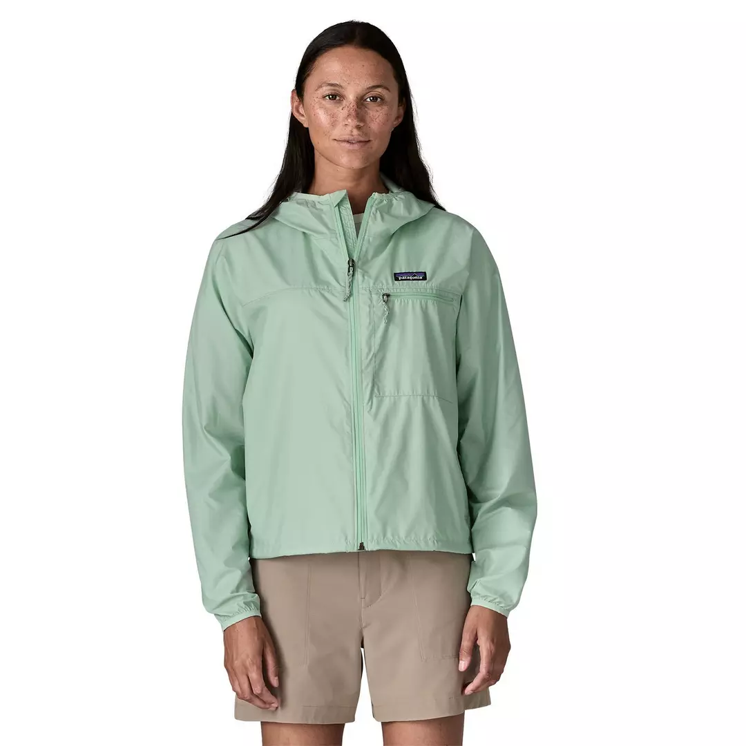 light pale green hooded lightweight Patagonia jacket