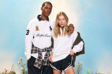 Man and woman in white Ralph Lauren and Nike sportswear against a blue sky.